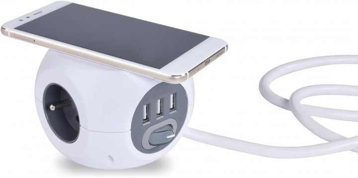Induktionswürfel + USB. 3 Steckdosen 16A+T + 3 USB-Ladegeräte, 2, 4 A + Induktionsladegerät Universa
