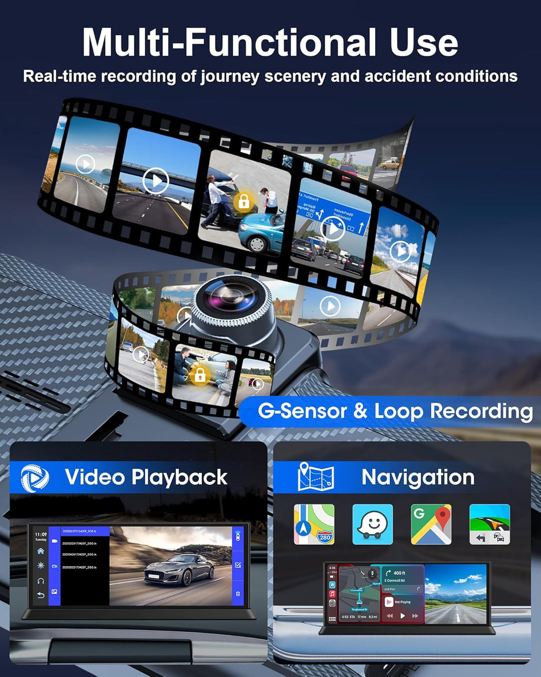 11,26 Zoll Carplay Display 4K Carplay Android Auto Display mit 350° Frontkamera 64G SD Karte Auto Di