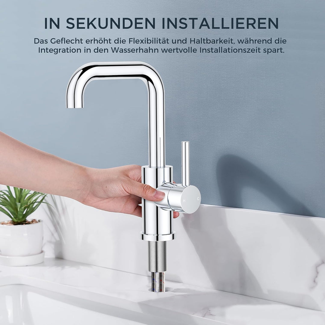 FORIOUS Wasserhahn Bad Hoch 360° Drehbar, Edelstahl Waschtischarmatur Hoch mit Warm/Kaltwasser Misch