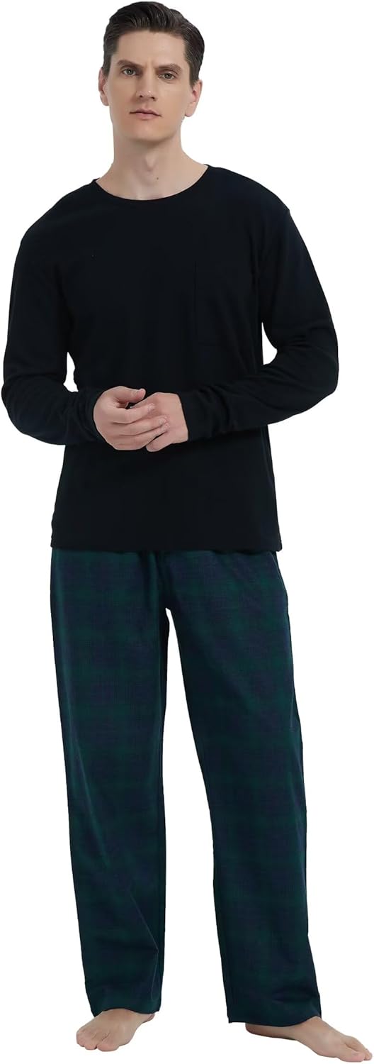 GLOBAL Herren Schlafanzüge Flanell Herren Pyjama Set Baumwolle Langarm-Pullover Oberteil und elastis