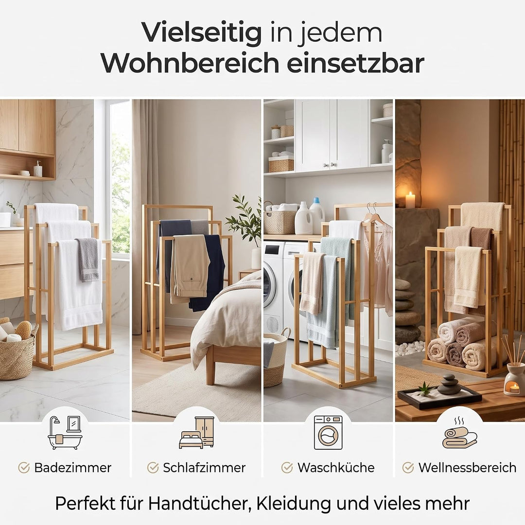 hausleben® TT10804 Handtuchhalter aus Bambus – 3 Handtuchstangen | Freistehender Handtuchständer 42×