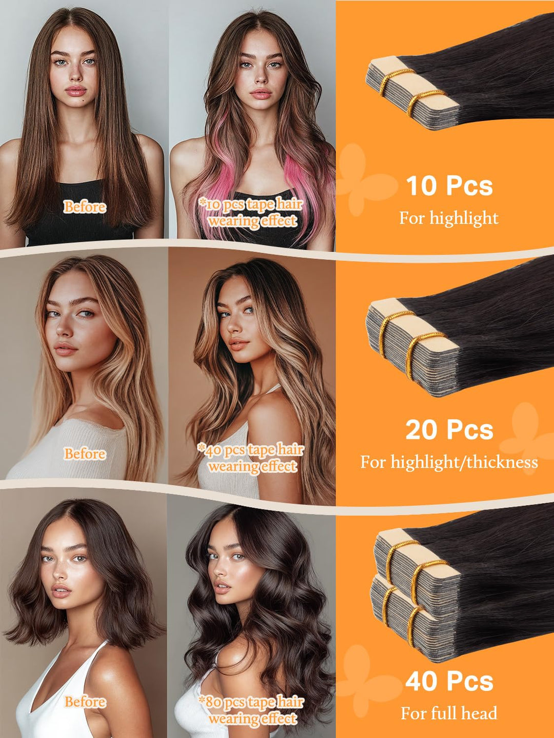 DOORES Tape in Extensions Echthaar, Balayage Natürliches Schwarz bis Hellblond 35cm (14zoll) 50g 20p