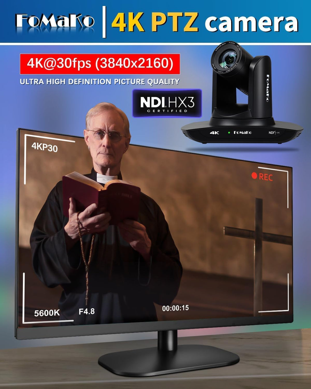 FoMaKo 4K PTZ NDI HX3 Kamera 20x Optischer Zoom, KI Auto-Tracking, 3G-SDI HDMI LAN PoE USB3.0 Live S