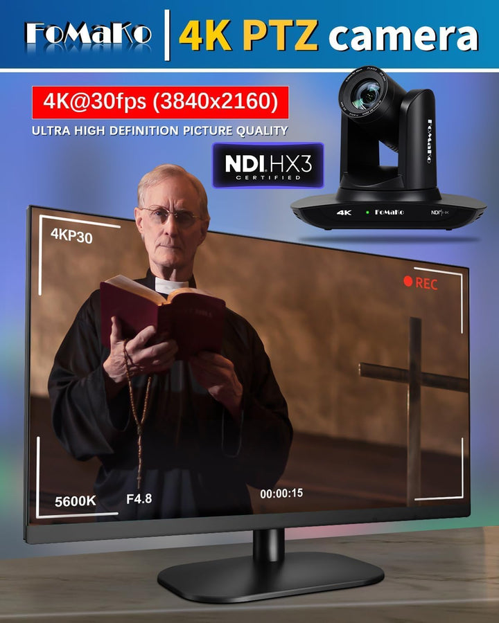 FoMaKo 4K PTZ NDI HX3 Kamera 20x Optischer Zoom, KI Auto-Tracking, 3G-SDI HDMI LAN PoE USB3.0 Live S