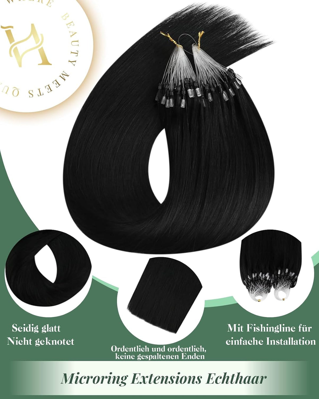 Ugeat Micro Extensions Echthaar Schwarz 1g/Strähnen Haarverlängerung mit Microrings Farbe 1 Schwarz
