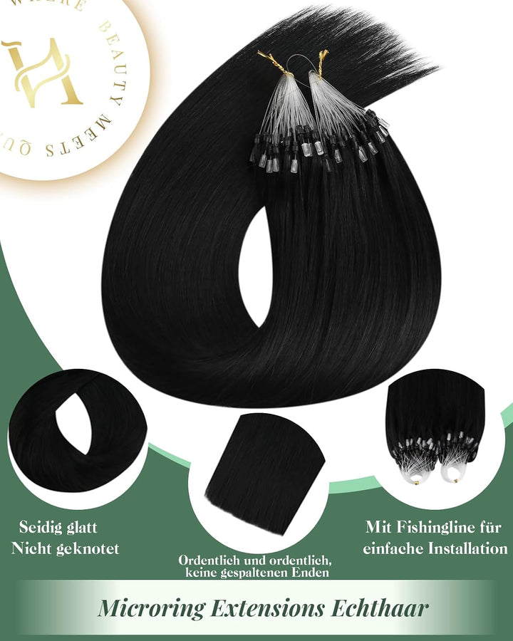 Ugeat Micro Extensions Echthaar Schwarz 1g/Strähnen Haarverlängerung mit Microrings Farbe 1 Schwarz