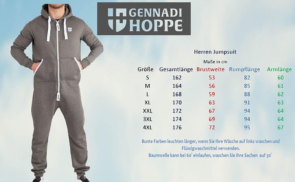 Gennadi Hoppe Herren Jumpsuit Onesie Jogger Einteiler Overall Slim Fit M Schwarz (Black), M Schwarz