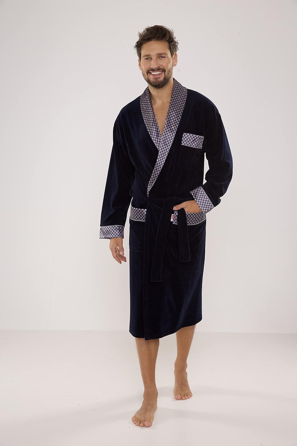 FOREX Lingerie edler und hochwertiger Baumwoll-Bademantel Herren-Mantel im tollen Design L Marine, L