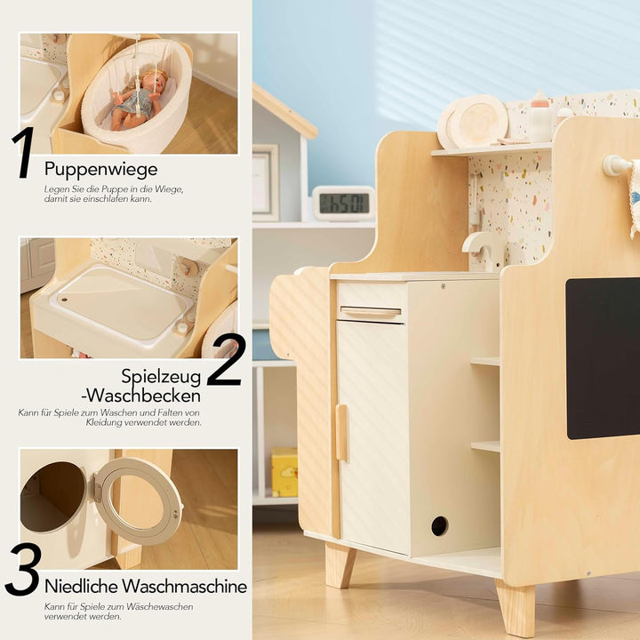 Holz-Babybettchen, 4-in-1-Holzspielset zur Babypflege mit Wiege, Montessori-Rollenspielzeug für Kind