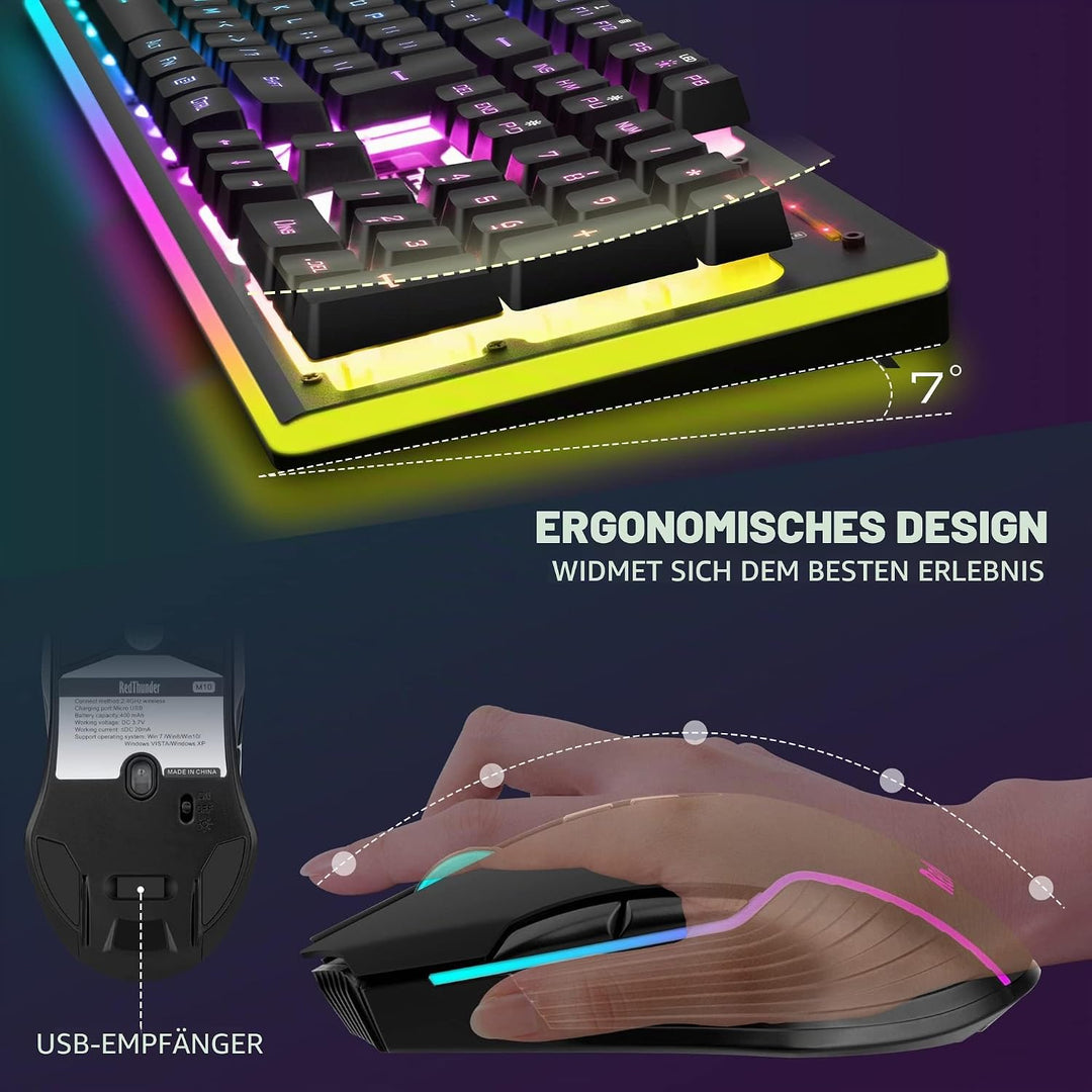 RedThunder K10 Tastatur und Maus kabellos, AZERTY FRANZAIS, Schwarz