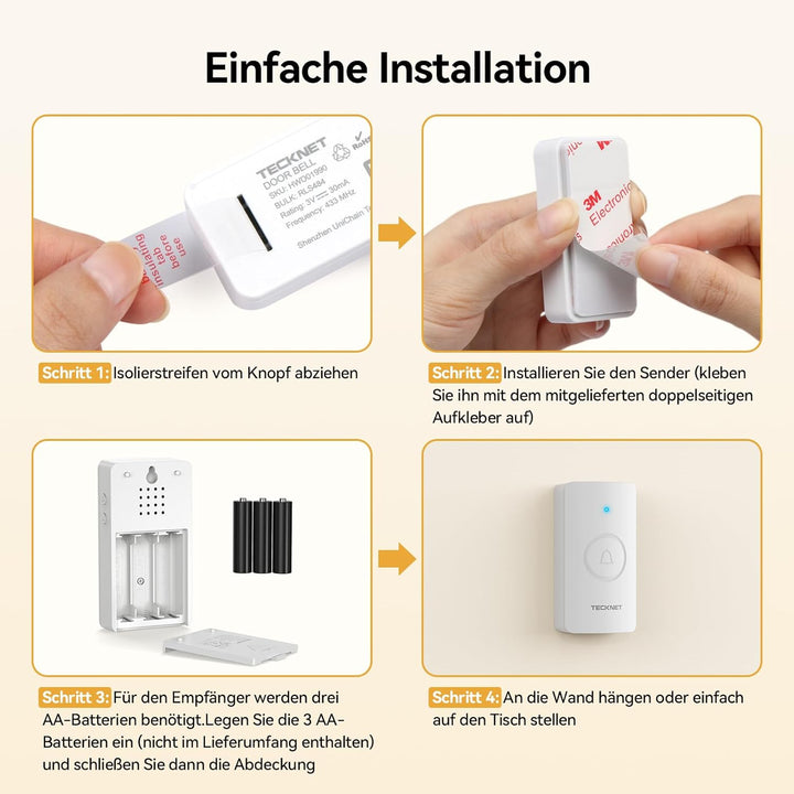 TECKNET Funkklingel, Funkklingel aussen wasserdicht IP65, Funk Klingel Kabellos 400m, Klingel Funk m