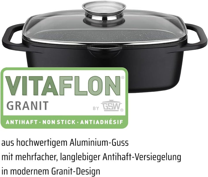 GSW Universalbräter Gourmet Granit – hochwertiger Bräter mit Deckel, ideal zum Schmoren, Grillen und