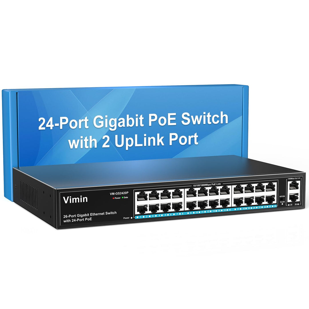 VIMIN 24-Port Gigabit PoE Switch mit 2 Uplink Gigabit Ports, 26-Port Unmanaged Ethernet PoE Switch m