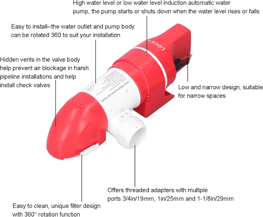 Bilgenpumpe für Boote, Niedrige Bilgenpumpe, Automatische 360-Grad-Bilgenpumpe, 12 V 1100 GPH Bilgen