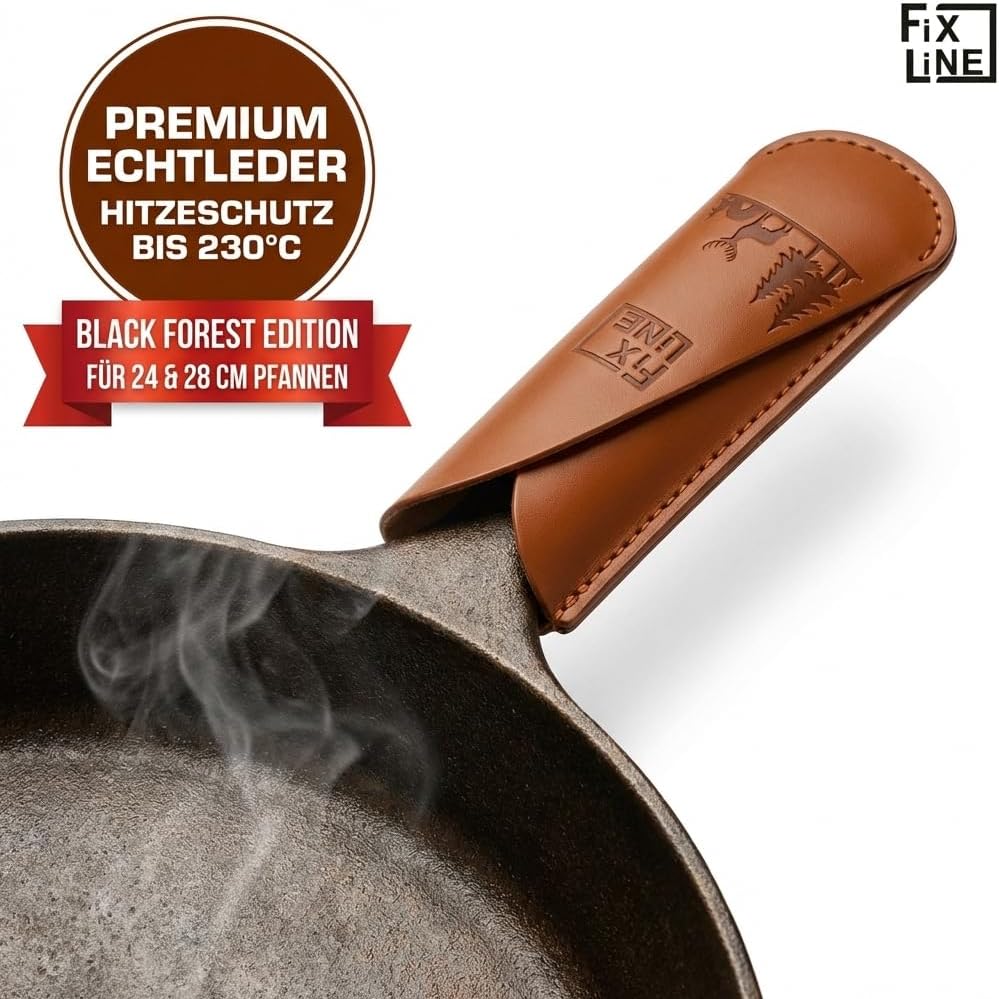 FIXLINE® Ledergriffschutz BLACK FOREST Edition für Gusseisen Pfannen 28 &24cm - Idealer Schutz für u