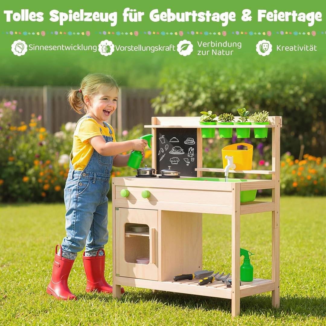 COSTWAY Matschküche Kinder, Outdoor Spielküche inkl. Zubehör mit Kreidetafel, Herd, Wasserhahn, Spül