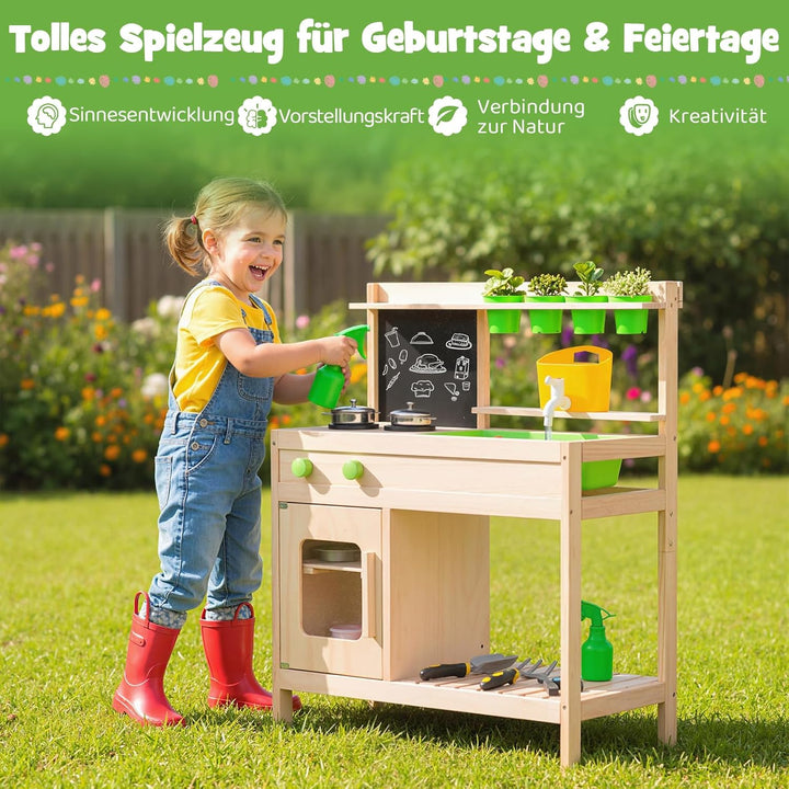 COSTWAY Matschküche Kinder, Outdoor Spielküche inkl. Zubehör mit Kreidetafel, Herd, Wasserhahn, Spül