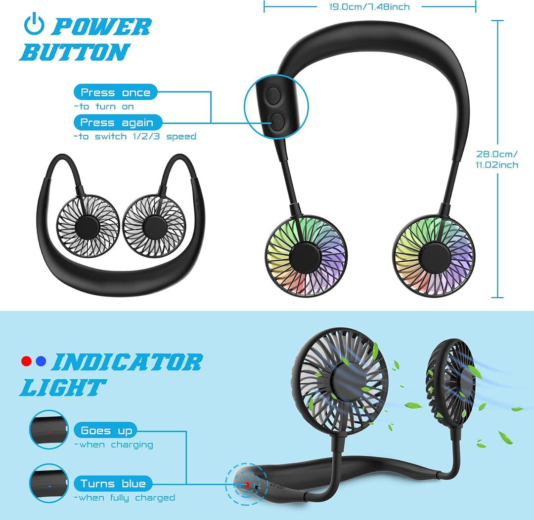 Halsventilator,Nackenventilator USB Ventilator Hals,Neck Fan,Leise,3 Geschwindigkeiten,LED-Licht,Tra
