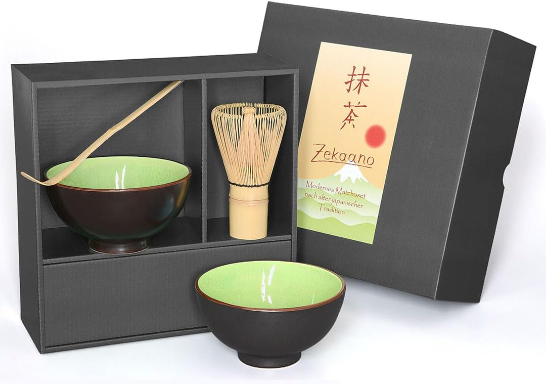 Matcha-Set 4-teilig, sommergrün, bestehend aus Matcha-Schale, Matcha-Löffel, Matcha-Besen (Bambus) u