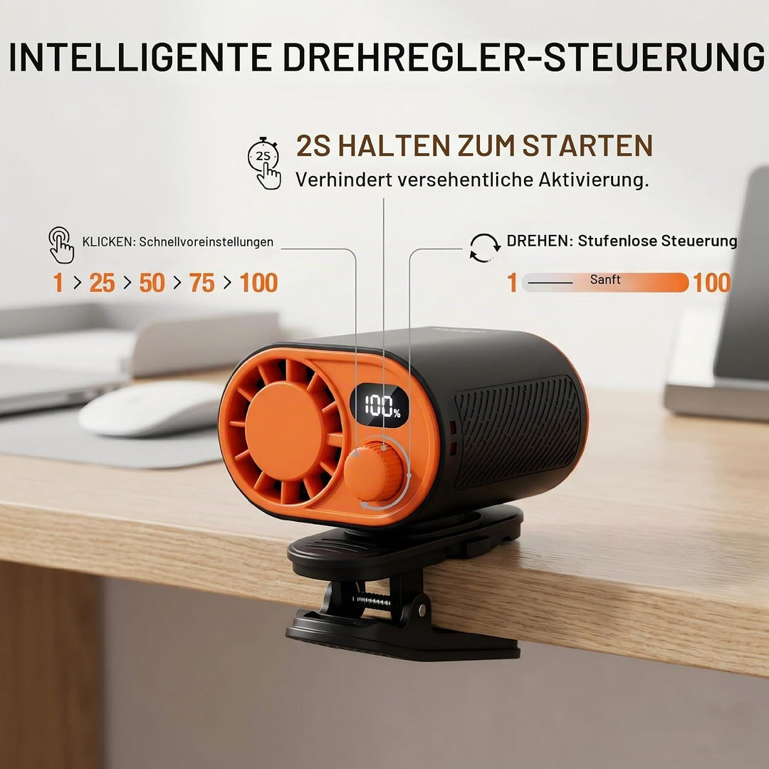 WHATOOK Tragbarer Gürtelventilator: 1-100 Stufenlose Geschwindigkeitsregelung Clip Fan mit 360° Dreh
