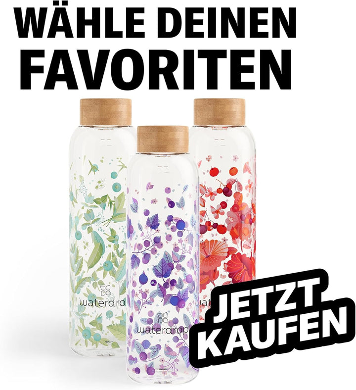 Waterdrop® Edition Glass Bottle 600ml Trinkflasche Glas auslaufsicher, Kohlensäure geeignet | BPA fr