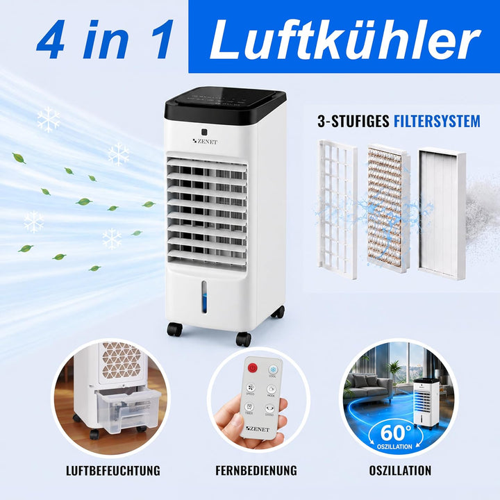 ZENET ZET-483 Luftkühler & Klimaanlage ohne Abluftschlauch: Mini Klimagerät & Ventilator mit Wasserk