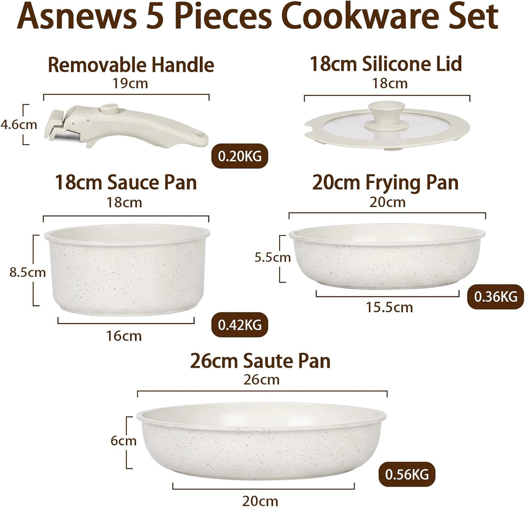 5-Teilig Topfsets & Pfannenset mit abnehmbarem Griff, Keramik Antihaft Kochgeschirr Set Induktion, S