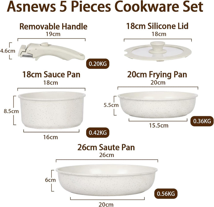 5-Teilig Topfsets & Pfannenset mit abnehmbarem Griff, Keramik Antihaft Kochgeschirr Set Induktion, S