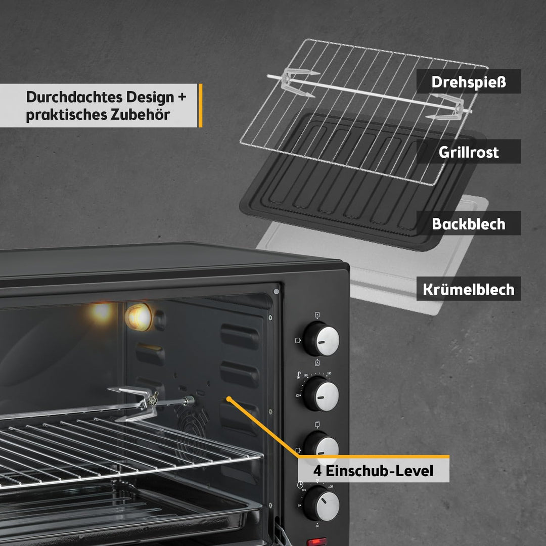 TZS First Austria Minibackofen, 2000 Watt, 60L, mit Innenbeleuchtung, Umluft-Funktion, Drehspiess fü