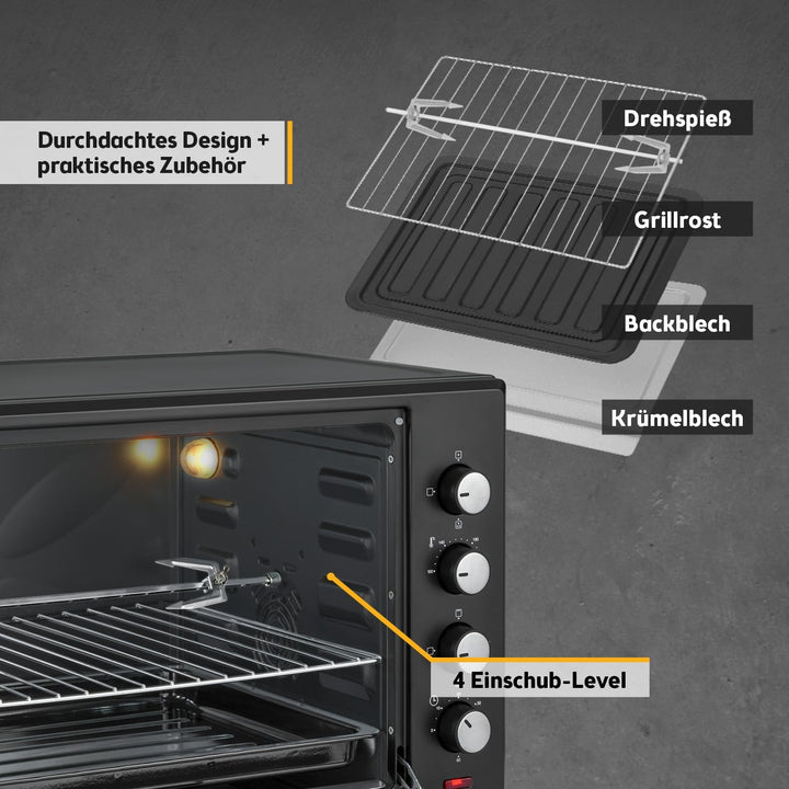TZS First Austria Minibackofen, 2000 Watt, 60L, mit Innenbeleuchtung, Umluft-Funktion, Drehspiess fü