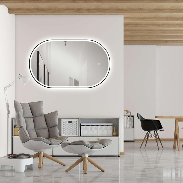 HOKO Design Bad Spiegel oval 50x90 cm / 90x50 cm Parma+ Metall Rahmen Schwarz. HOCH+QUER Montage. LE