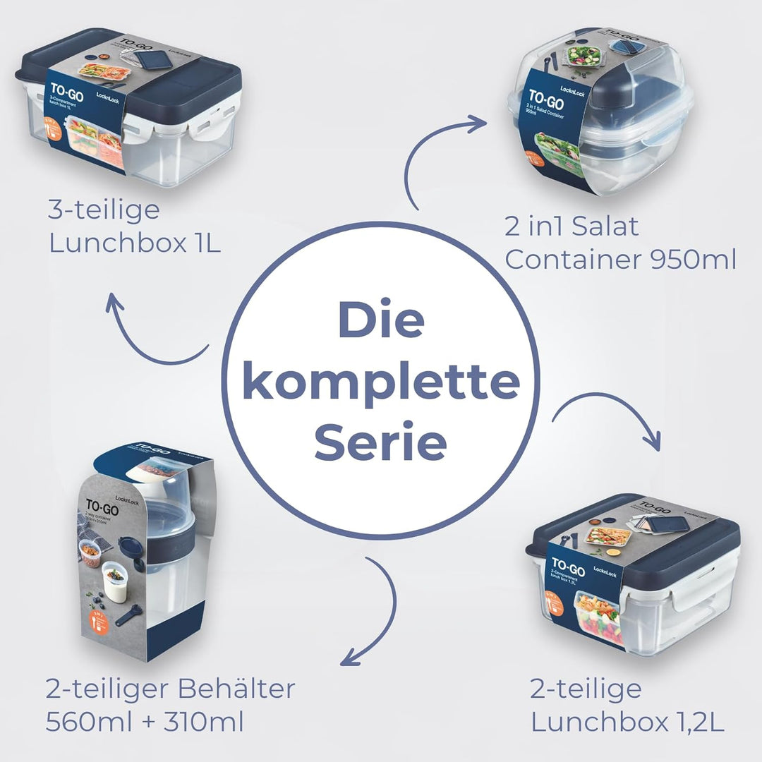 LocknLock TO GO Lunchbox mit Fächern 1,2L, Bento Box Erwachsene mit Sandwicheinsatz, Toppingtray, Me