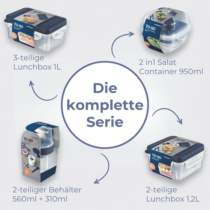LocknLock TO GO Lunchbox mit Fächern 1,2L, Bento Box Erwachsene mit Sandwicheinsatz, Toppingtray, Me
