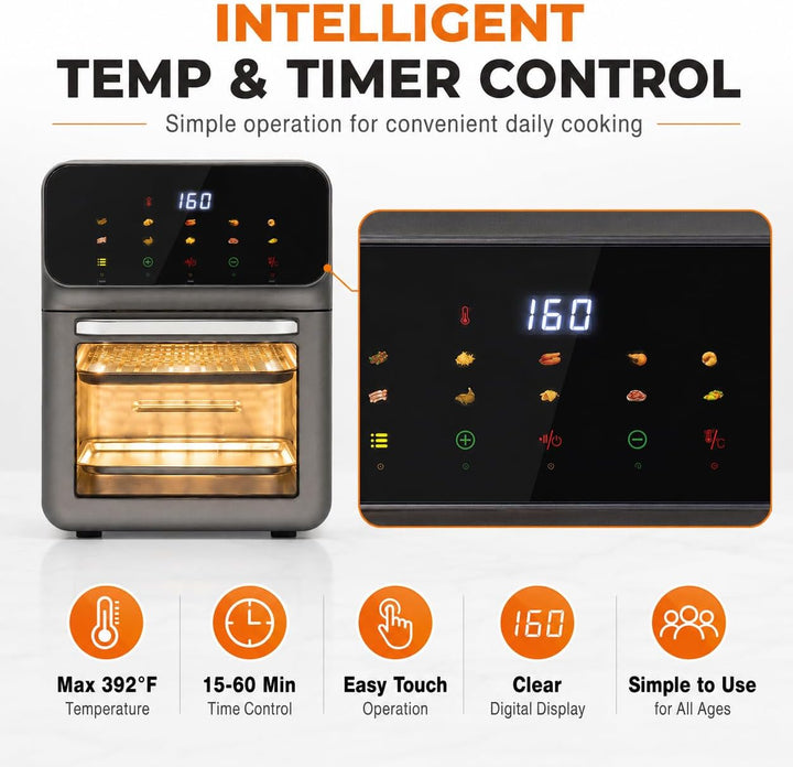 Mini Backofen 13 Liter, 1350W Elektrobackofen LCD-Touchscreen Minibackofen mit 15-60 min. Timer, Hei