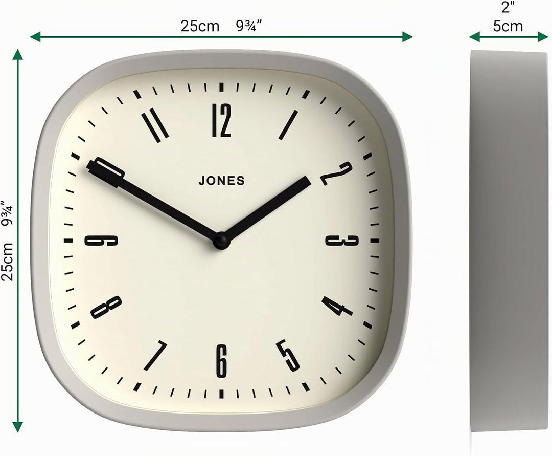 JONES CLOCKS® Marvel Wanduhr | Retro abgerundete quadratische Uhr | 25cm | Grau | Cooler Designer-Lo