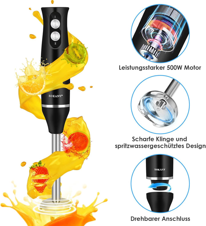 Dreamhigh 4-in-1 Elektrische Stabmixer Set, 500W Pürierstab mit 2 Geschwindigkeiten, inkl. Schneebes