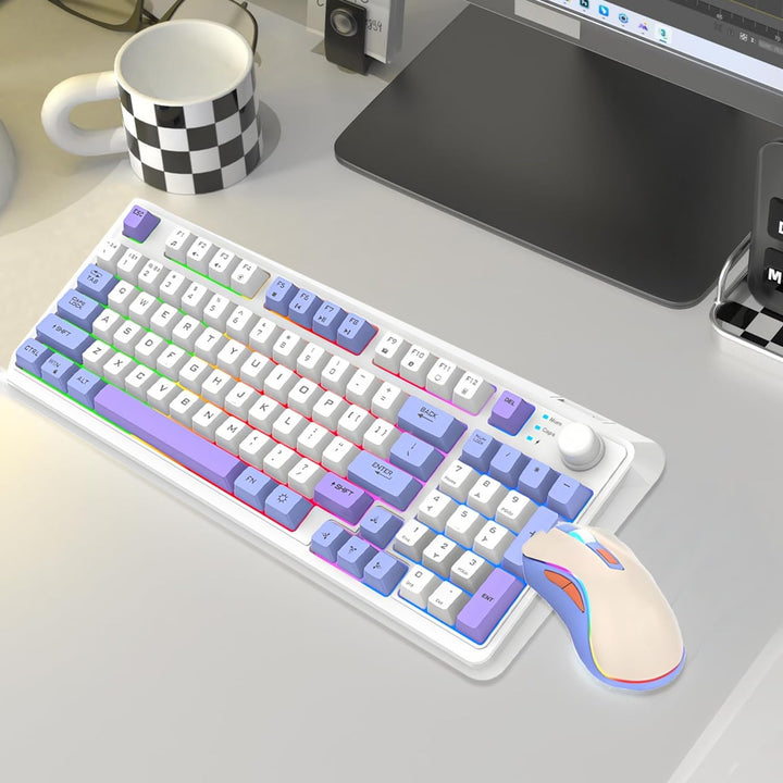 Lancoon Tastatur und Maus Set Kabellos mit Wiederaufladbarem 2.4G Lautstärkeregler 94 Tasten Dual-Mo