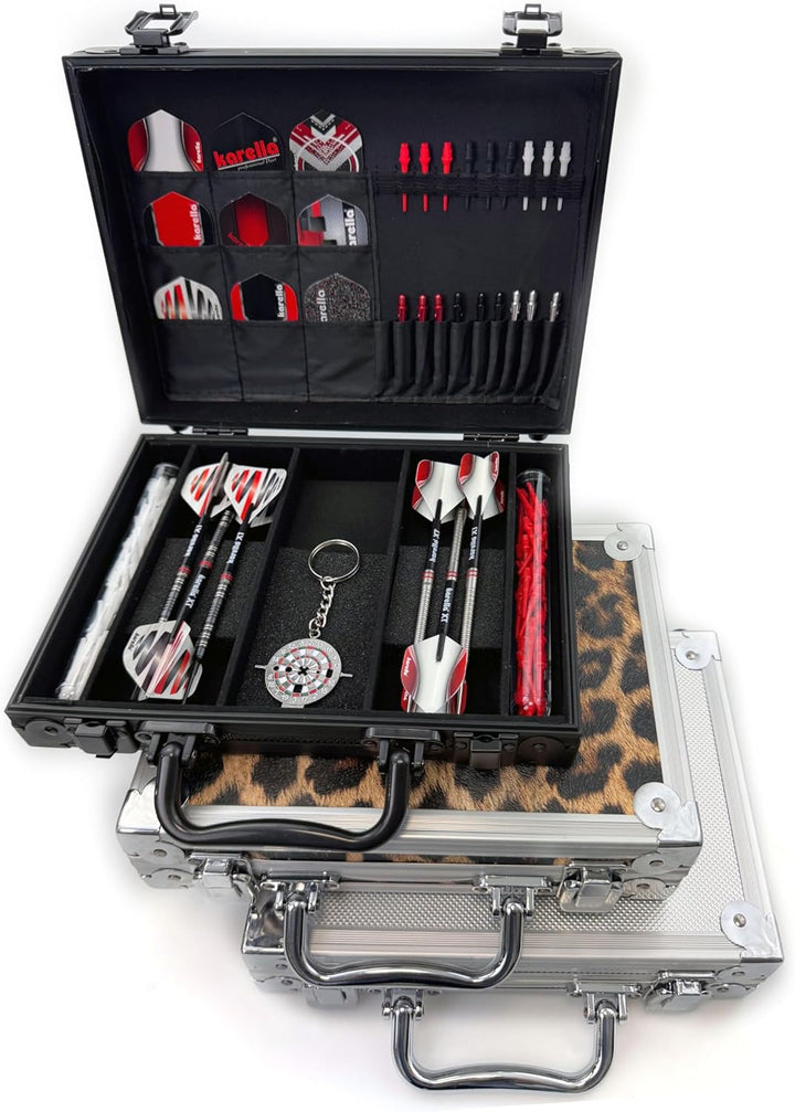 Dartkoffer Luxus in schwarz, schlagfest, Platz für 4 komplette Dartsets und Zubehör, Dartcase, Tasch