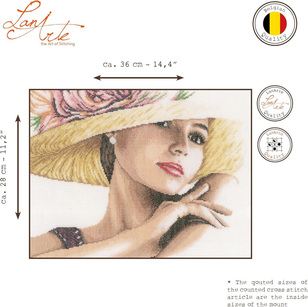 Lanarte Zählmusterpackung Dame mit Hut Leinen Kreuzstichpackung, Baumwolle, Mehrfarbig, 36.0 x 28.0