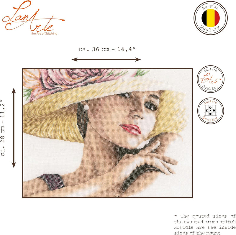 Lanarte Zählmusterpackung Dame mit Hut Leinen Kreuzstichpackung, Baumwolle, Mehrfarbig, 36.0 x 28.0