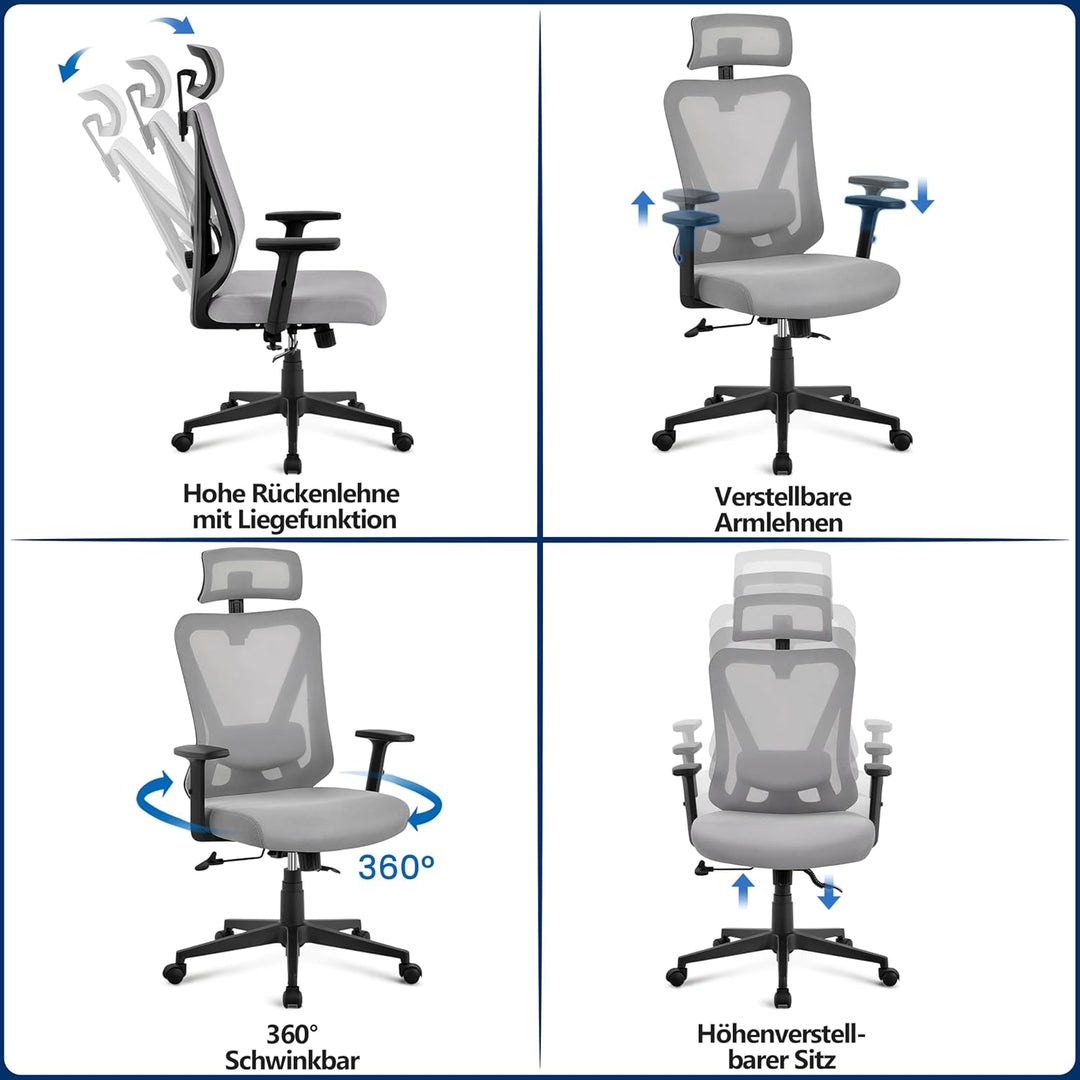Yaheetech Bürostuhl Ergonomisch, Schreibtischstuhl mit Verstellbarer Kopfstütze, Armlehnen, Lendenwi