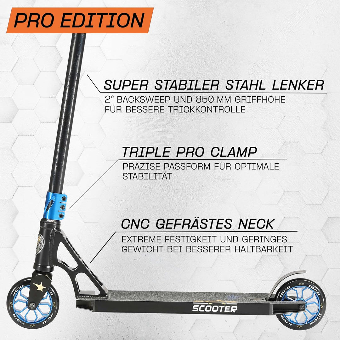 STAR SCOOTER Professional Freestyle Kick Stunt Scooter ab 8 Jahre | 110mm ABEC-9 Lager Alu Kinder Ci