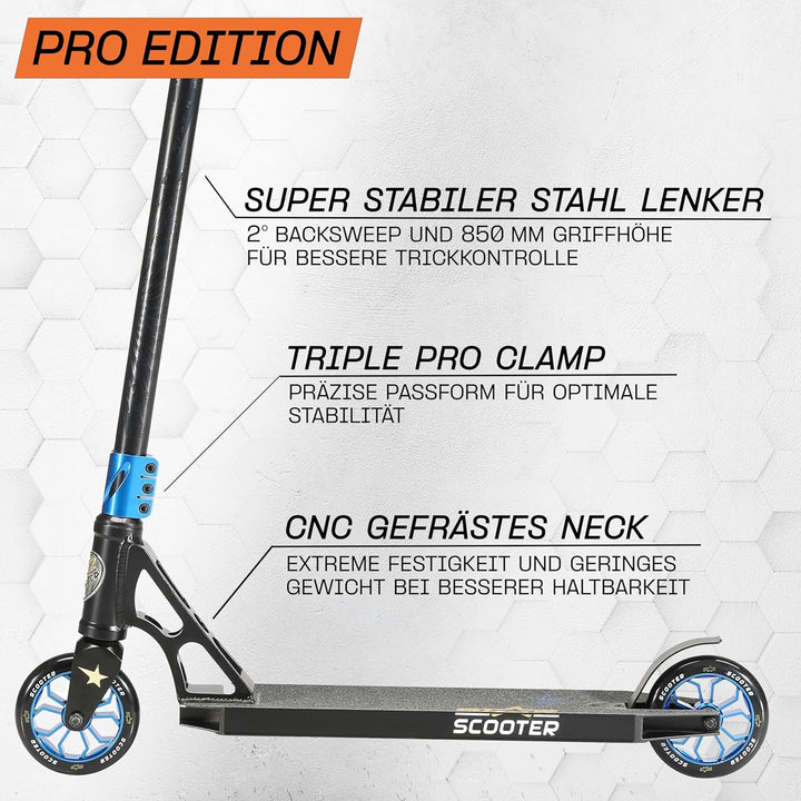 STAR SCOOTER Professional Freestyle Kick Stunt Scooter ab 8 Jahre | 110mm ABEC-9 Lager Alu Kinder Ci