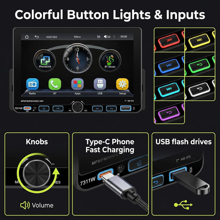 Hodozzy 1 Din RDS Autoradio mit Drahtlos Carplay Android Auto, 7 Zoll IPS Bildschirm,Unterstützt Blu