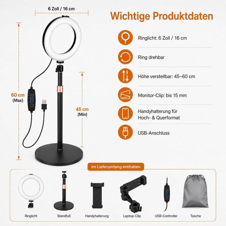 6 Zoll Ringlicht mit Stativ, LED Ring Light für Handy und Laptop | 3 Lichtfarben, 10 Helligkeitsstuf