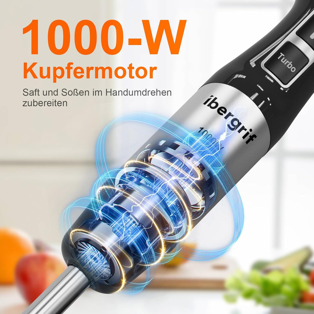 Ibergrif Stabmixer 1000W 4-in-1 Edelstahl Handmixer mit stufenloser Geschwindigkeitsregelung und Tur