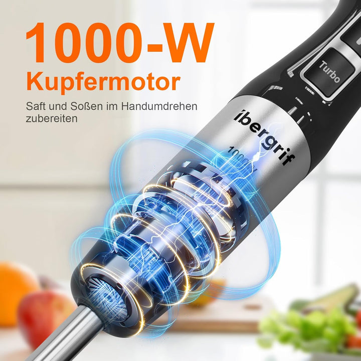 Ibergrif Stabmixer 1000W 4-in-1 Edelstahl Handmixer mit stufenloser Geschwindigkeitsregelung und Tur
