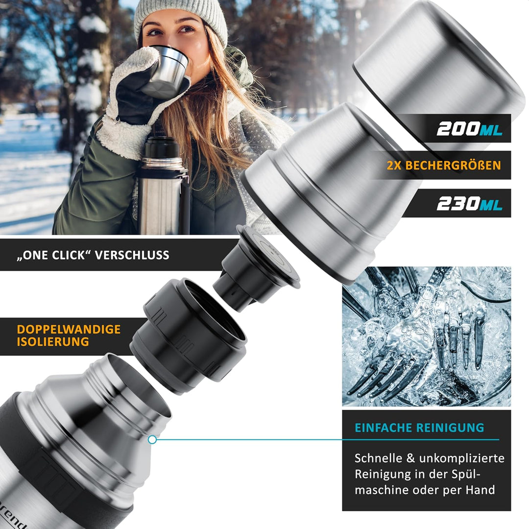 Arendo - Thermoskanne 1l Edelstahl – mit 2 Becher - Thermosflasche doppelwandig - 1000ml - One Click