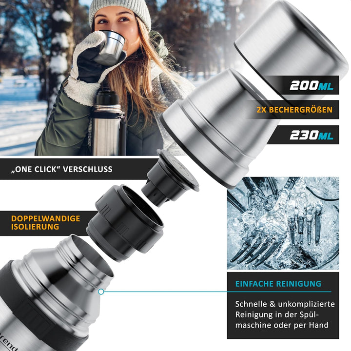 Arendo - Thermoskanne 1l Edelstahl – mit 2 Becher - Thermosflasche doppelwandig - 1000ml - One Click