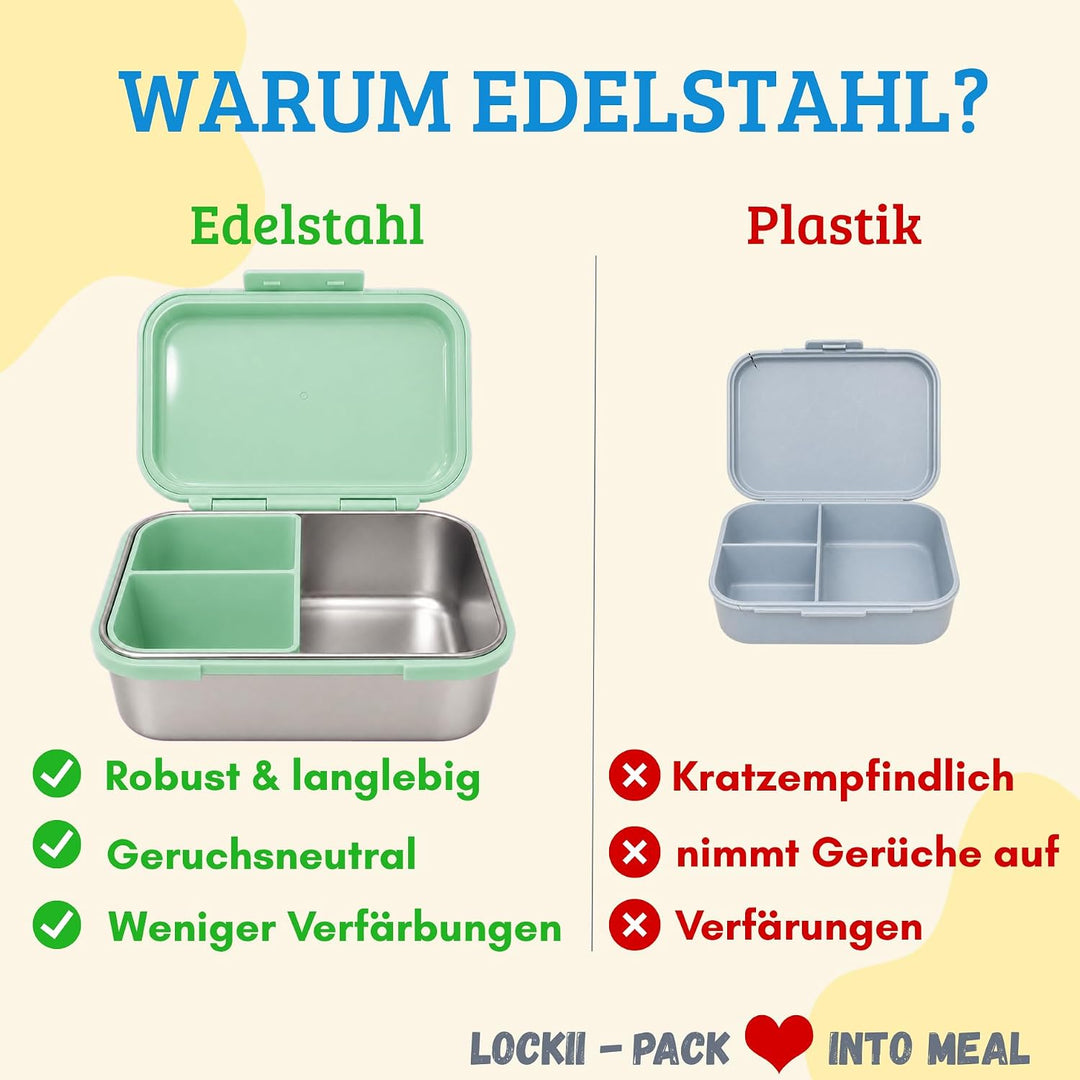 Kinder Brotdose Edelstahl 1000 ml mit Snackbox – Lunchbox mit Fächern, Edelstahl-Boden und BPA-freie